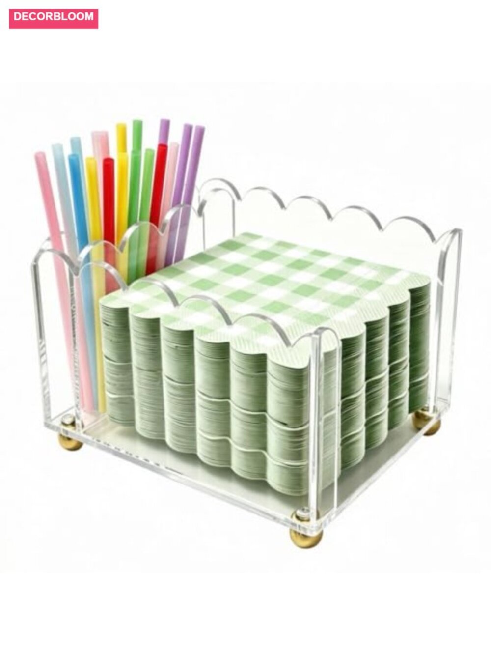 Scalloped Acrylic Bar Napkin Holder Straw Caddy 2 Compartment Gold Feet